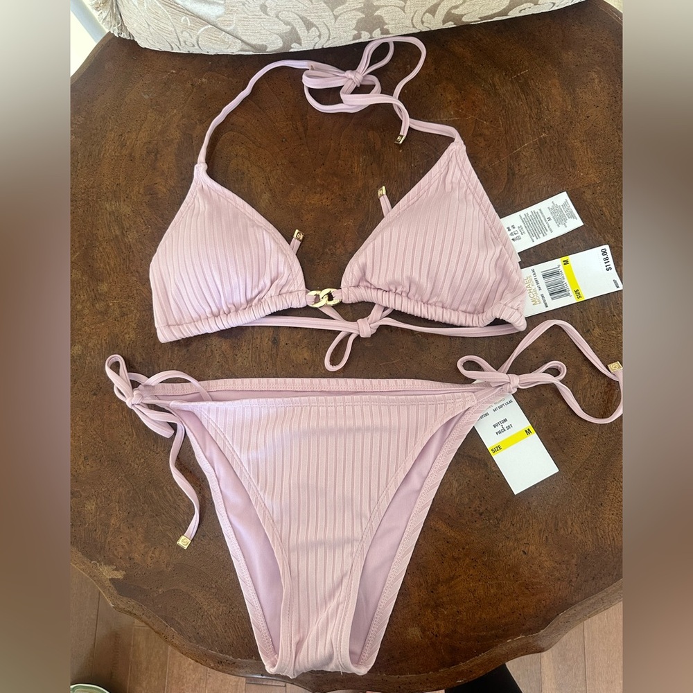 MICHAEL Michael Kors Pink Lilac classic ribbed 2 piece Bikini Set. Size M. NWT